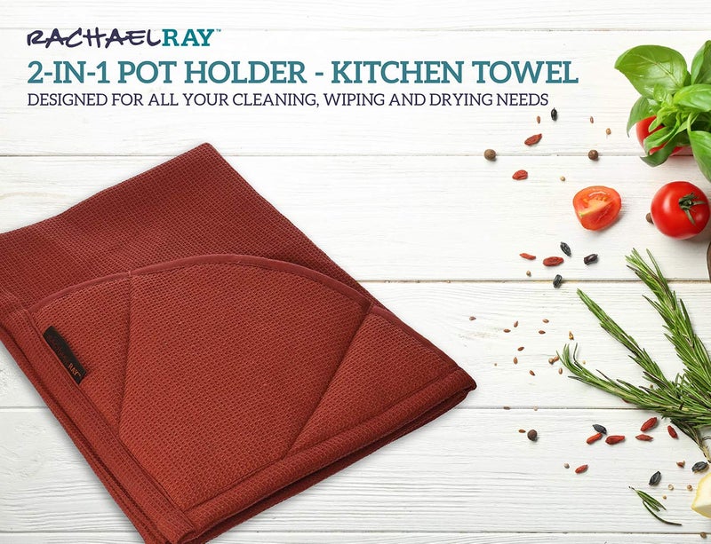 Rachael Ray Moppine Towel - 2-in-1 Kitchen Towel and Pot Holder with 2 Heat Resistant Pockets to Grip Hot Cookware, Bakeware - Absorbent Kitchen Towels Perfect for Drying Dishes and Hands, Brick Red - Image 2